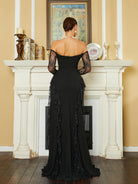 MISSORD Off Shoulder Lace Panel Sequin Black Evening Dress