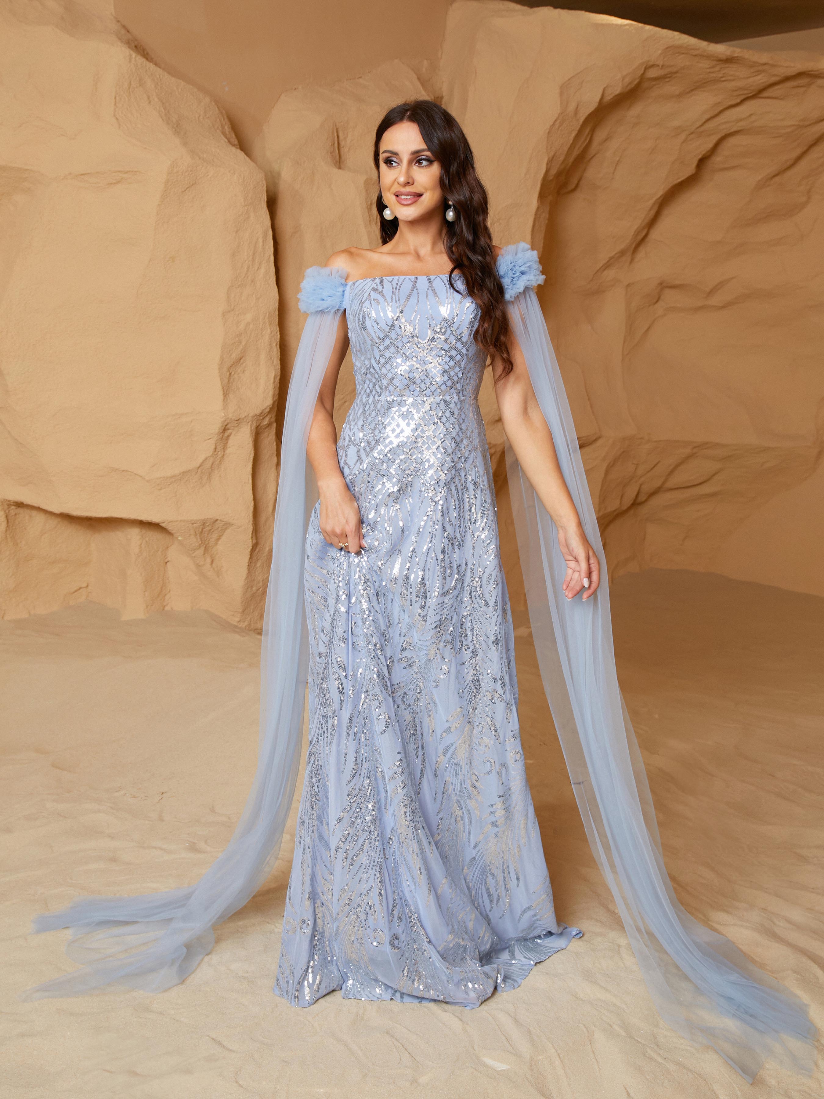 MISSORD Off Shoulder Tulle Panel Sequin Blue Bridesmaid Dress