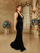 Formal Deep V-Neck Halter Velvet Black Evening Dress RJ10421 MISS ORD