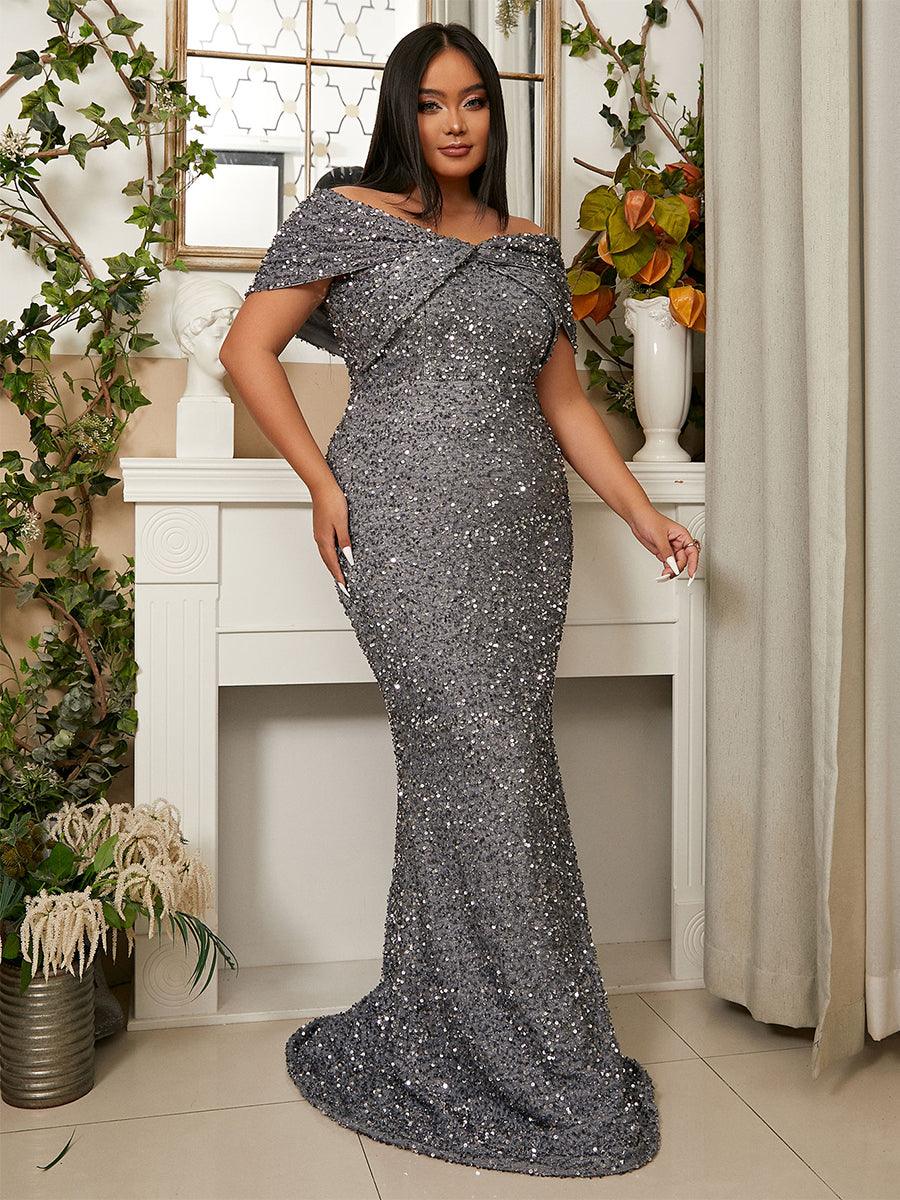 Missord Plus Size Off Shoulder Sequin Mermaid Dress Online Sale Black 1XL