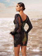 Feather Sleeve Contrast Black Sequin Mini Dress GM90013