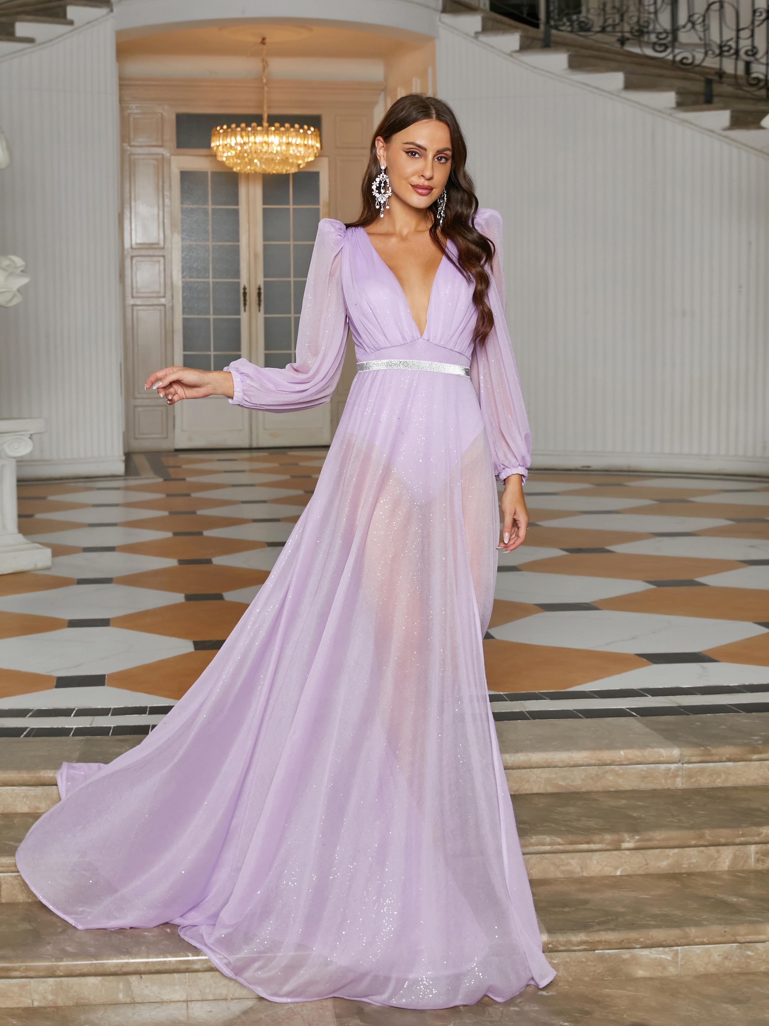 Deep-V Neck Long Sleeve Bridesmaid Dress RJ11122