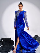 Floral Beaded Pleated Floor Length Velvet Gown DH80182 - MISS ORD