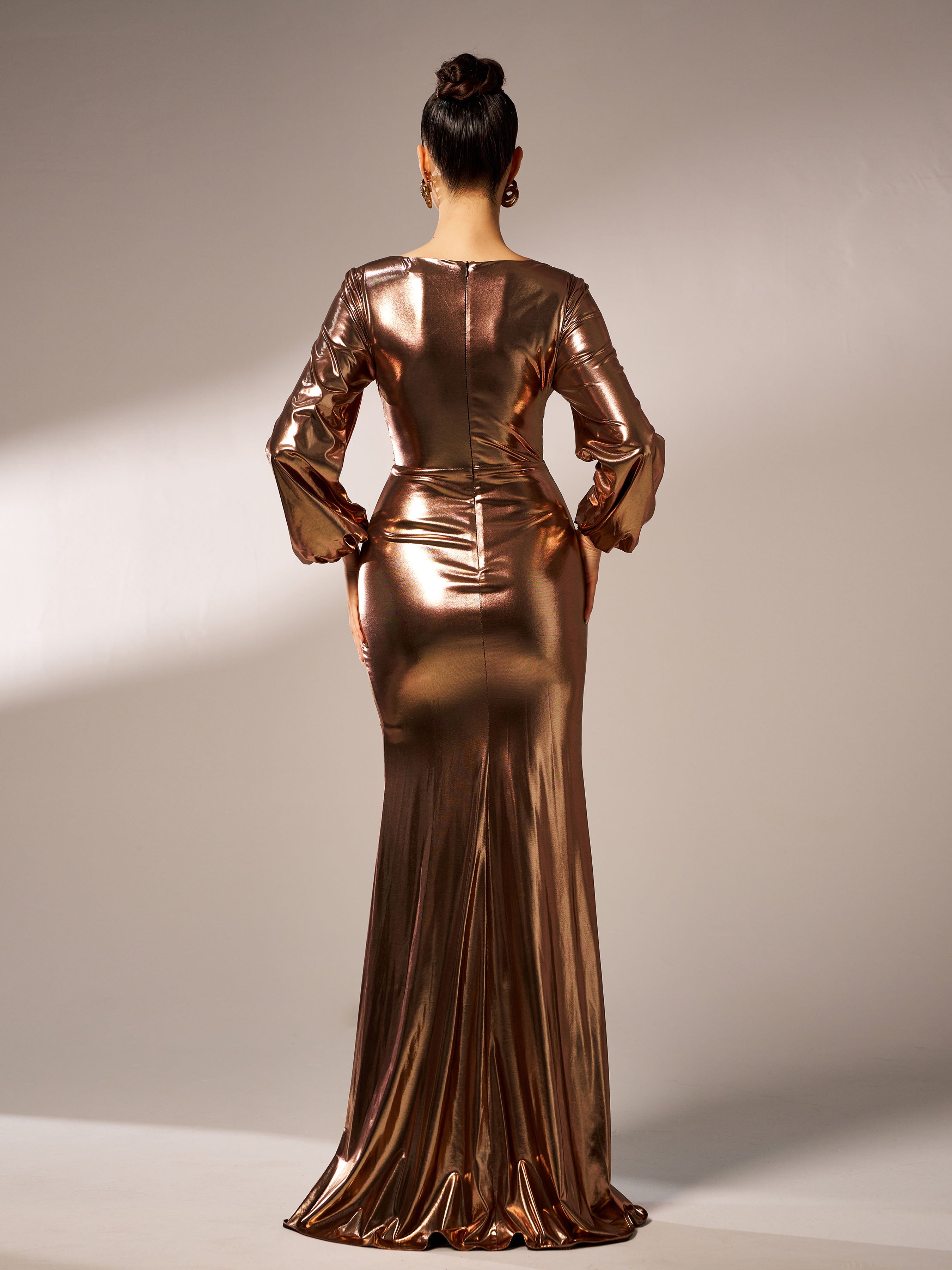 Wrap Long Sleeve Metallic Prom Dress RJ12035