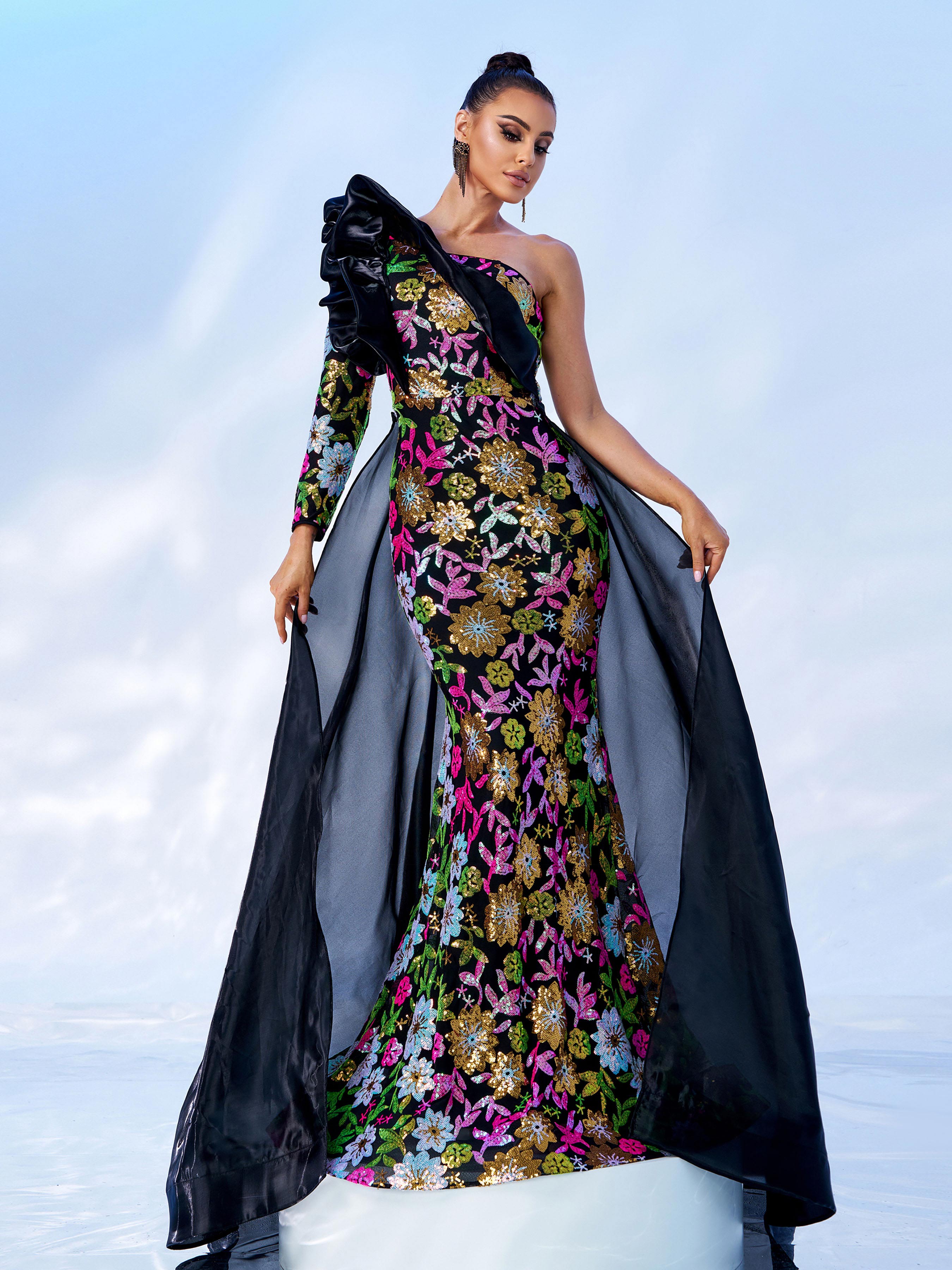 One Shoulder Ruffled Floral Sequin Evening Dress DH80183