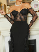 MISSORD Off Shoulder Lace Panel Sequin Black Evening Dress