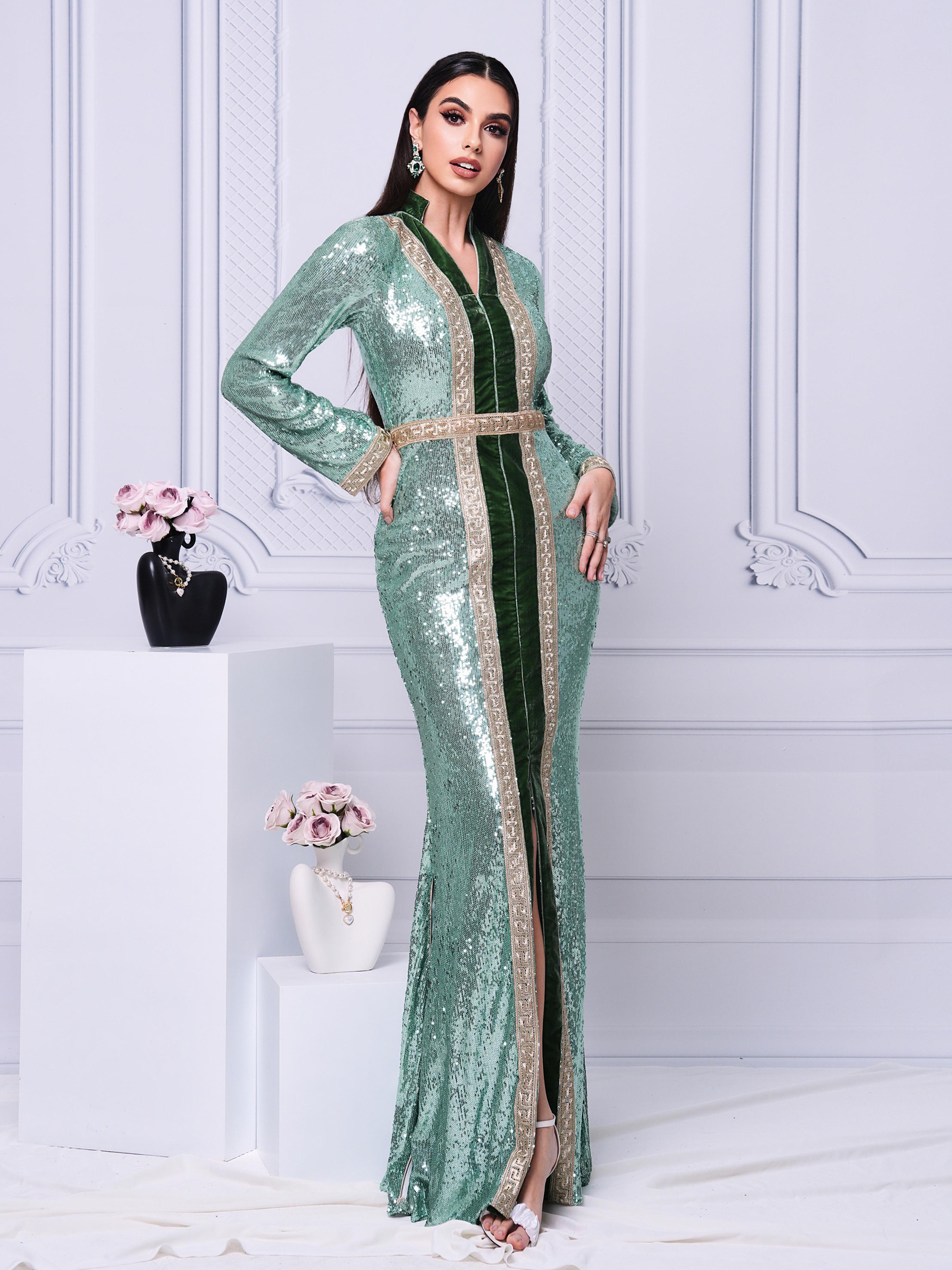 MISSORD V-neck Panel Split Maxi Sequin Dress