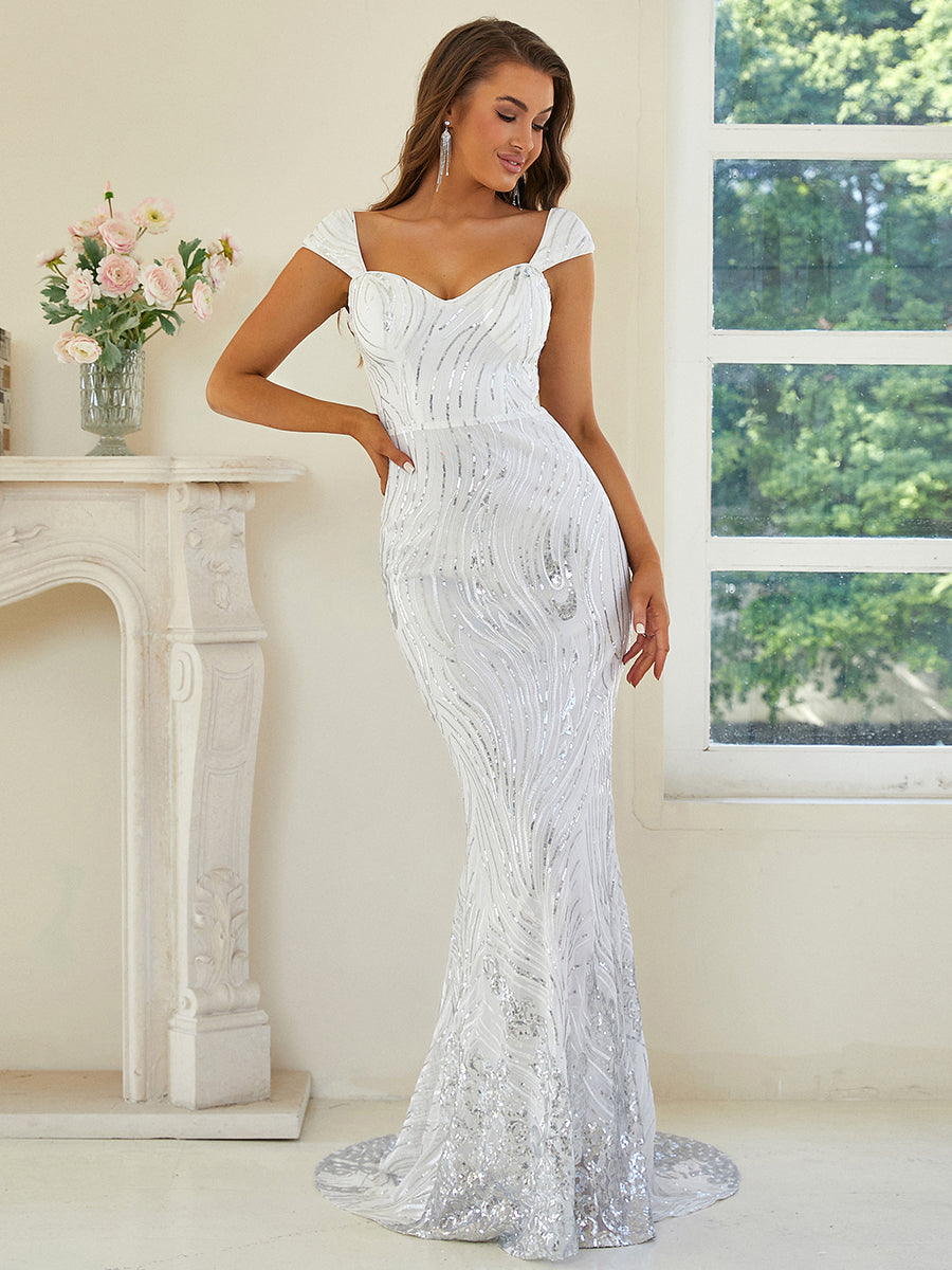 MISSORD Sweetheart Neck Mermaid Sequin White Maxi Prom Dress