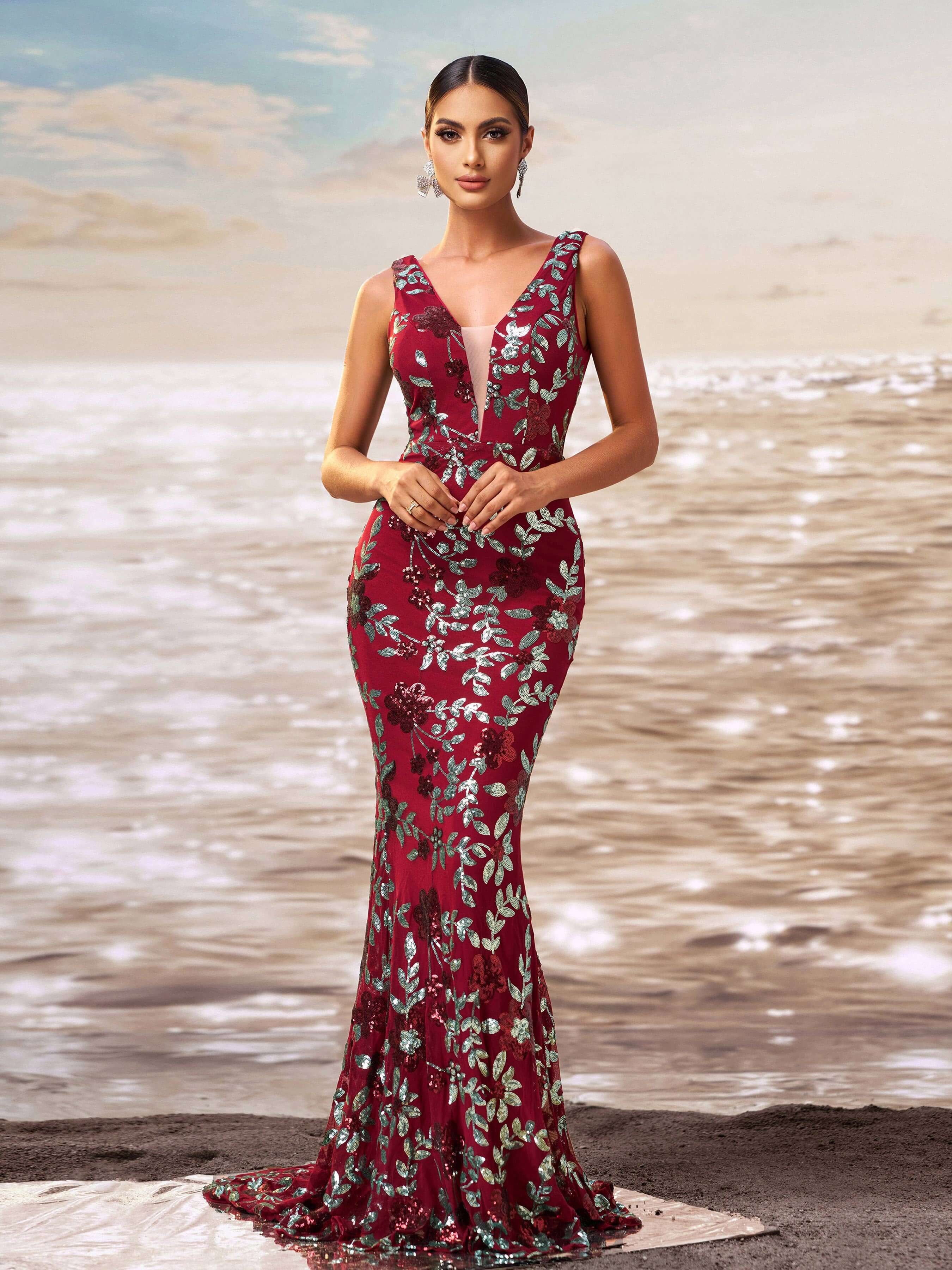 Floral V-neck Sequin Mermaid Prom Dress RJ10790