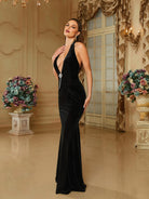 Formal Deep V-Neck Halter Velvet Black Evening Dress RJ10421 MISS ORD