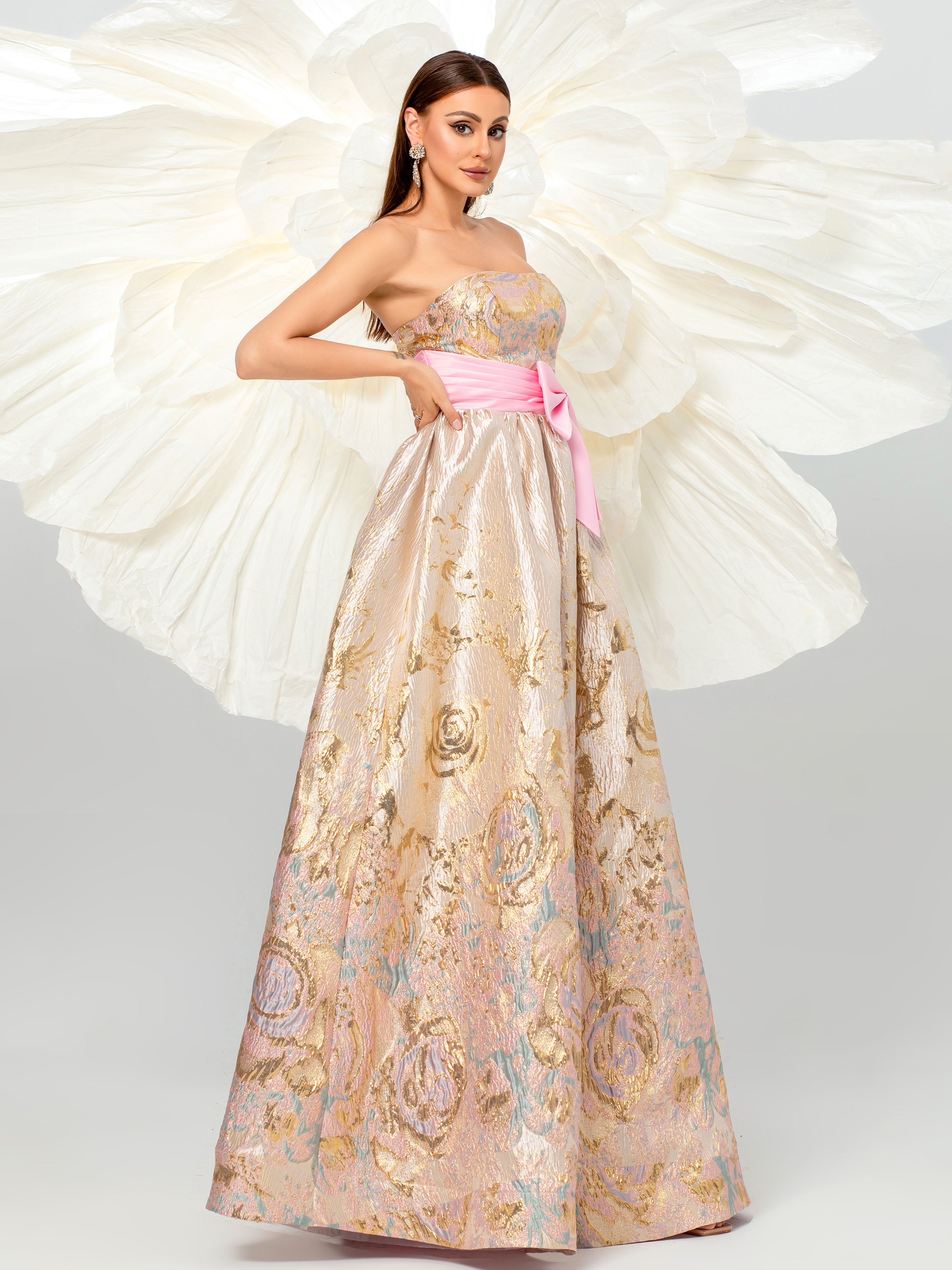 Jacquard Floral Strapless A-line Ball Gown DH80110