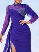 Purple Draped Panel Ruched Prom Dress MES00594