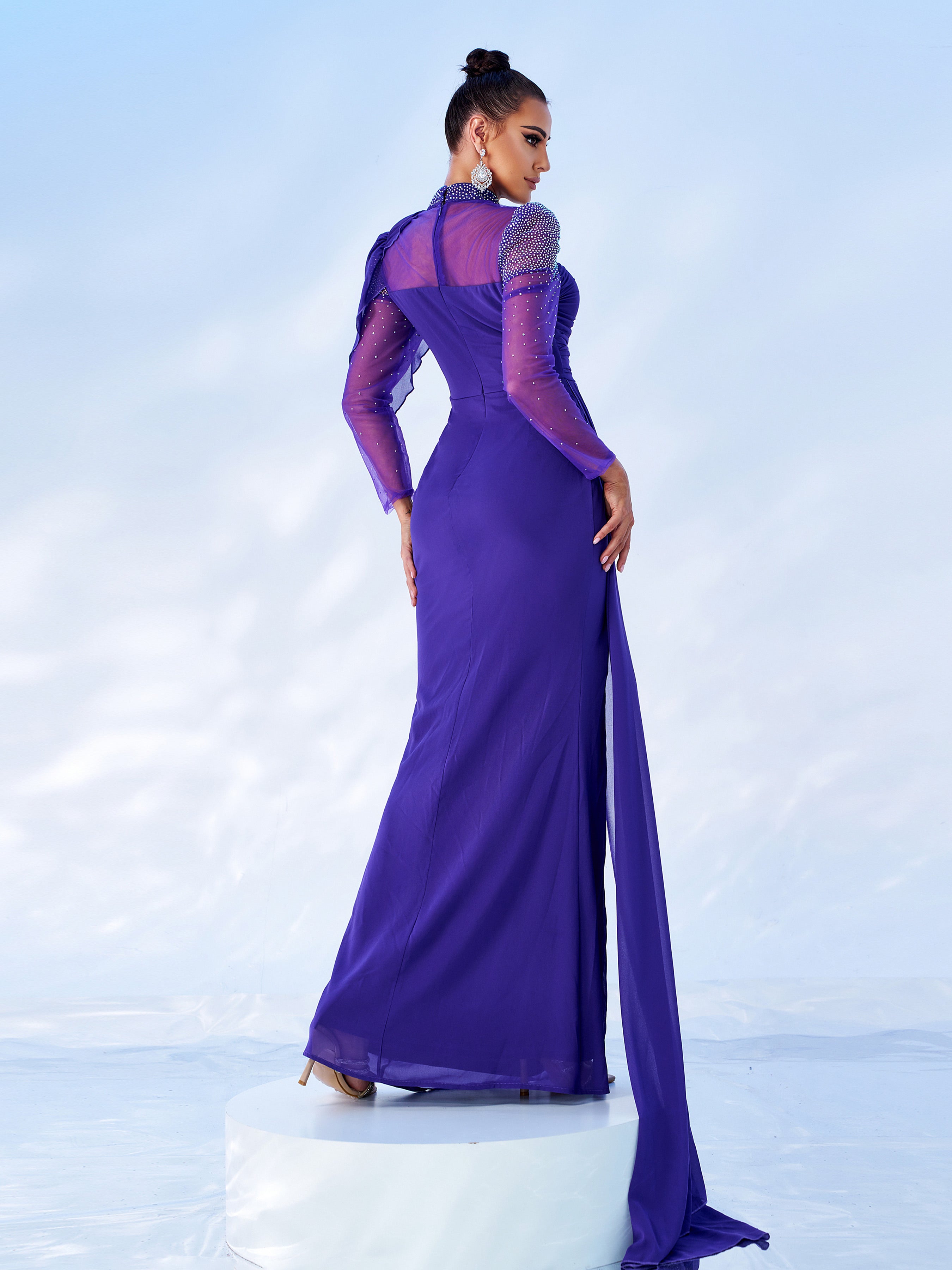 Purple Draped Panel Ruched Prom Dress MES00594