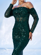 Green Off Shoulder Sequin Mermaid Evening Dress MES00643