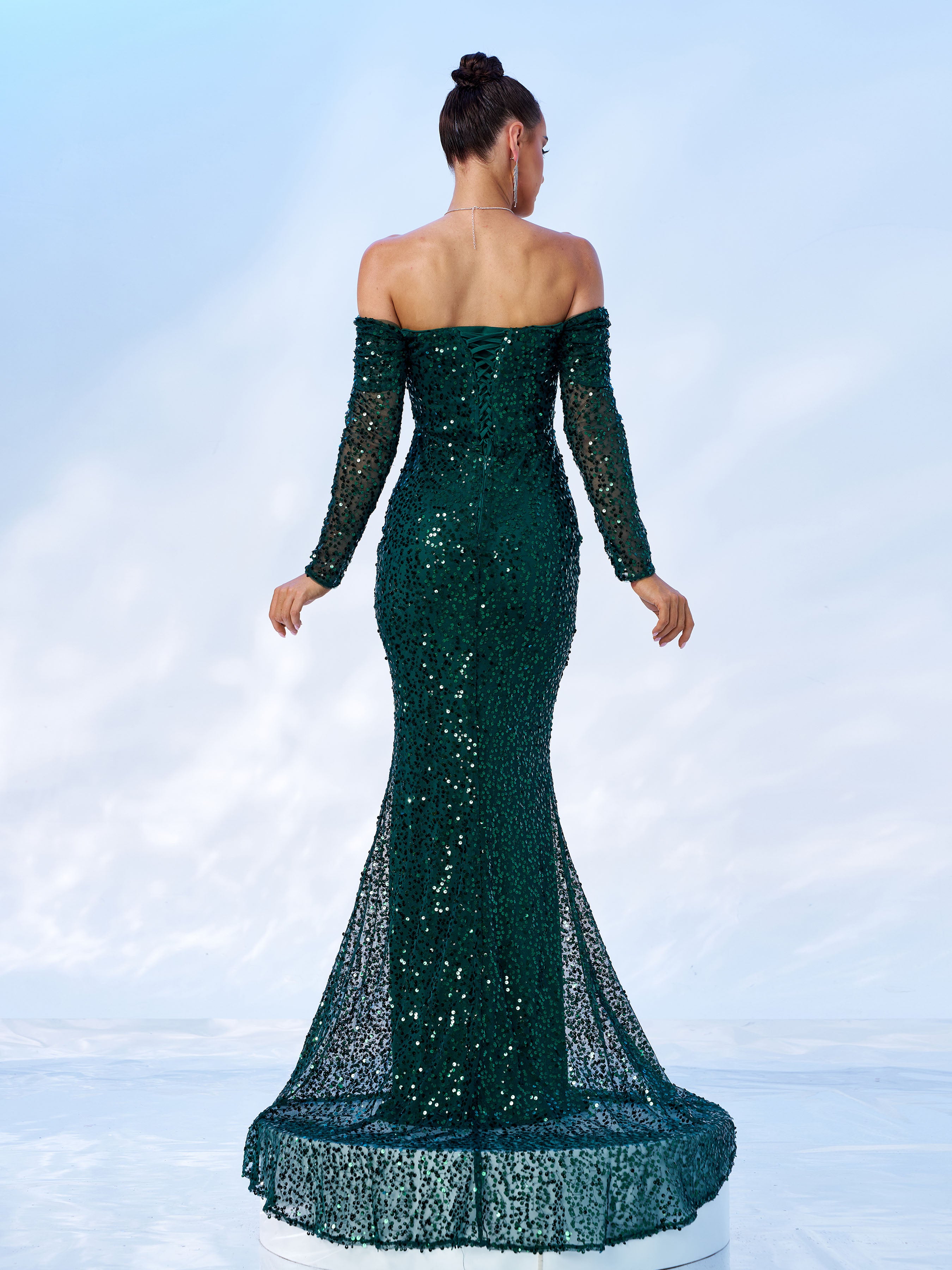 Green Off Shoulder Sequin Mermaid Evening Dress MES00643