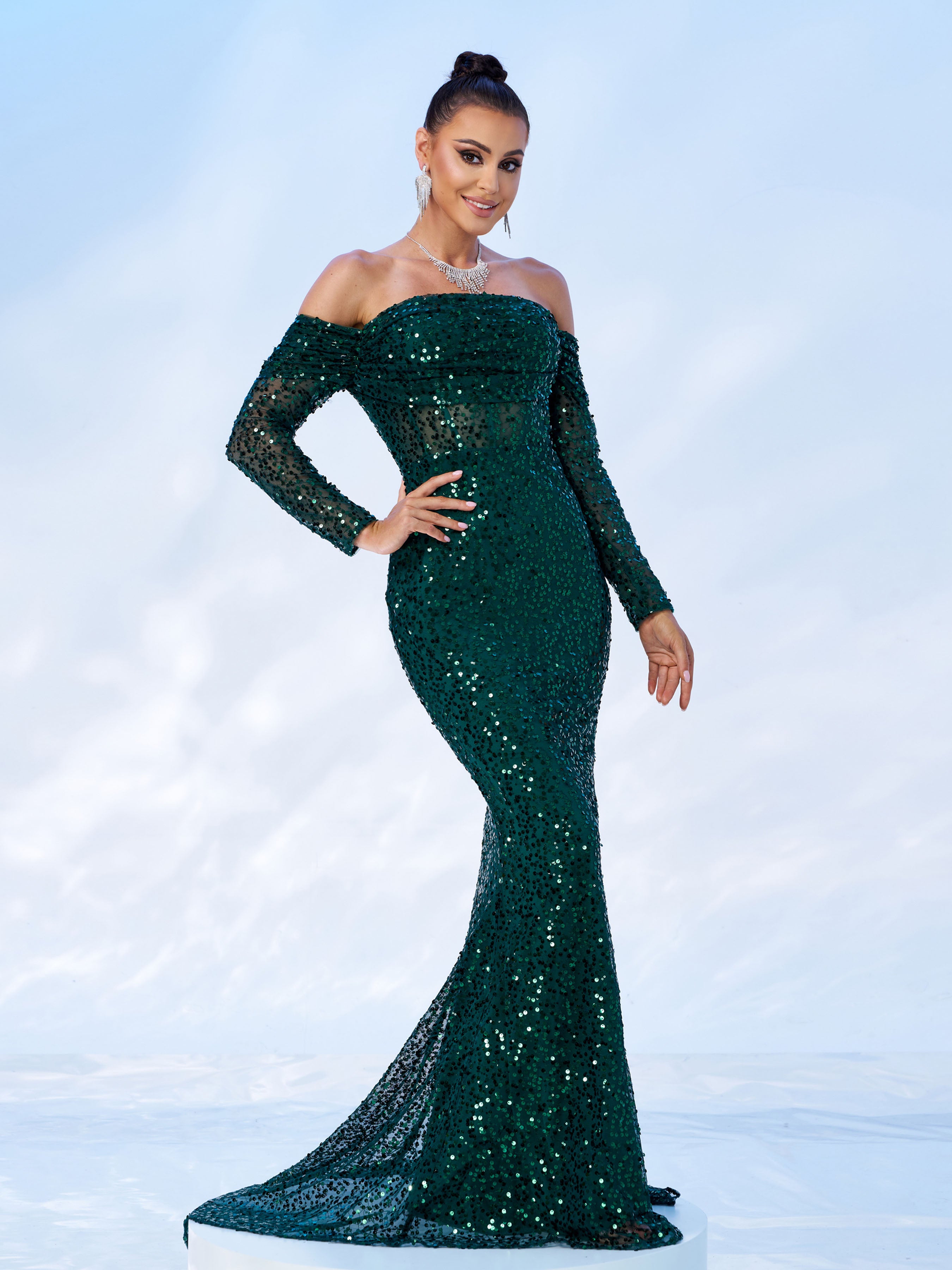 Green Off Shoulder Sequin Mermaid Evening Dress MES00643