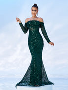 Green Off Shoulder Sequin Mermaid Evening Dress MES00643