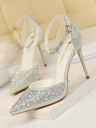 Pointed Toe Hollow Strap Shiny Rhinestone Heels MHE1108 - MISS ORD