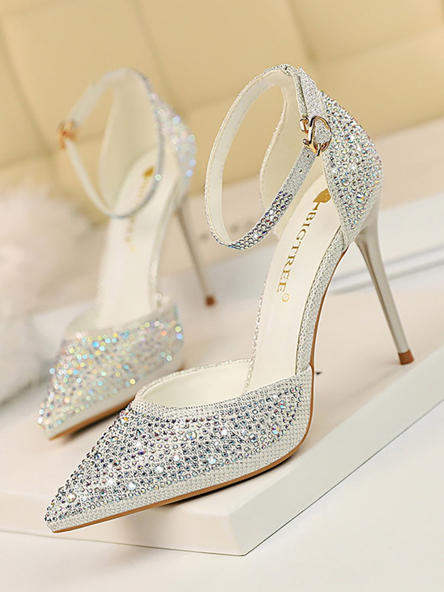 Pointed Toe Hollow Strap Shiny Rhinestone Heels MHE1108