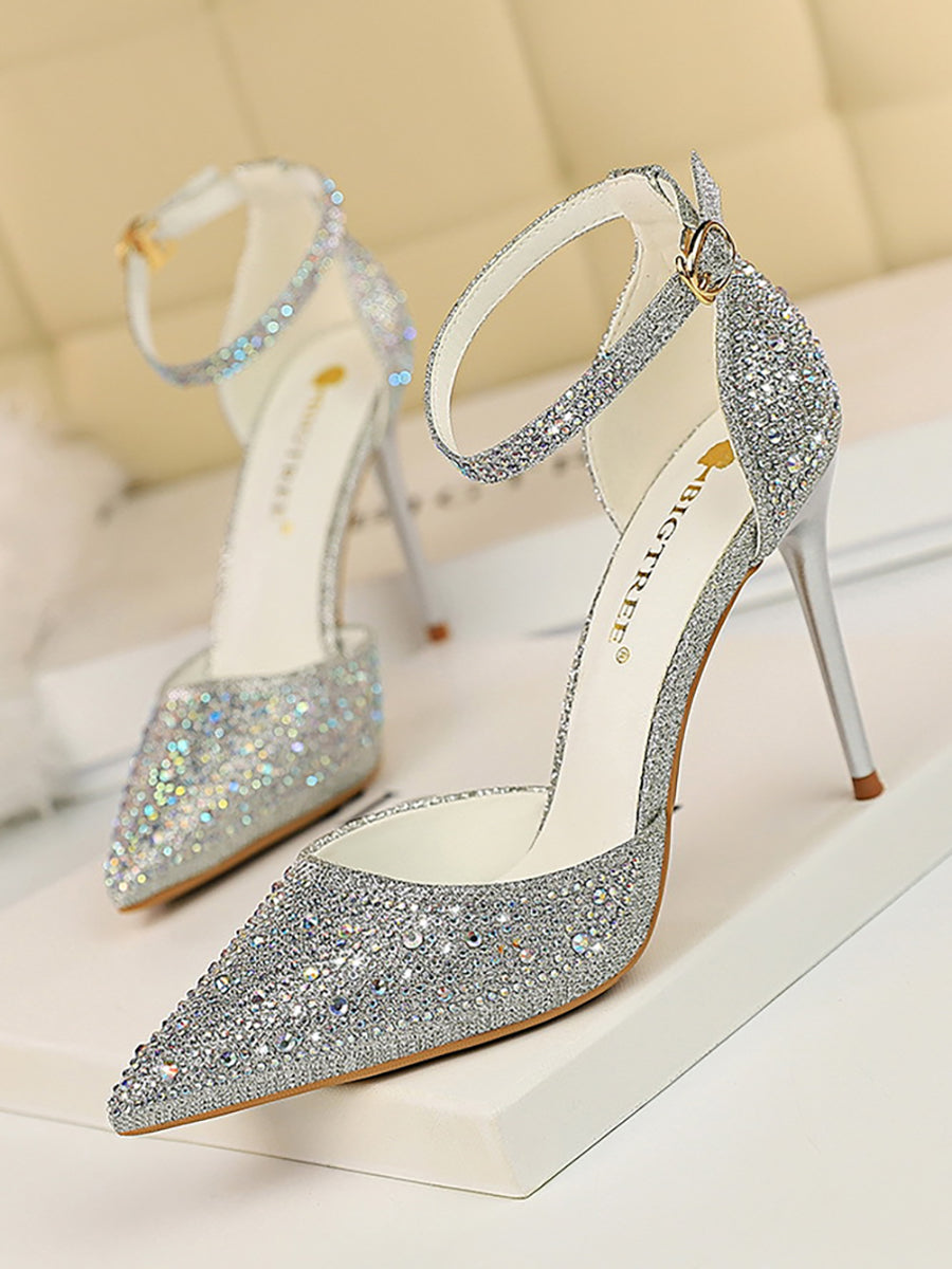 Pointed Toe Hollow Strap Shiny Rhinestone Heels MHE1108 - MISS ORD