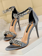 Flower Rhinestone Open Toe One-strap Stiletto Heels MHE1106