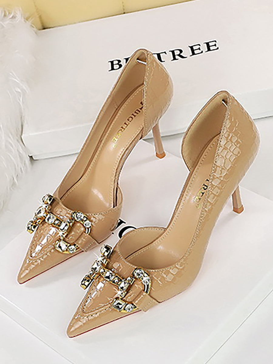 Pointed Side Hollow Metal Rhinestone Stiletto Heels MHE1105