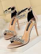 Flower Rhinestone Open Toe One-strap Stiletto Heels MHE1106