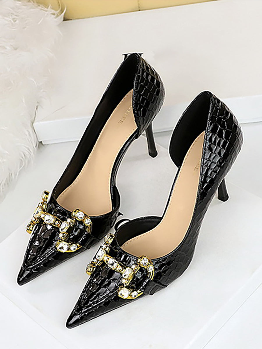 Pointed Side Hollow Metal Rhinestone Stiletto Heels MHE1105