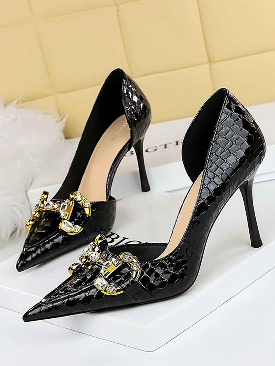 Pointed Side Hollow Metal Rhinestone Stiletto Heels MHE1105