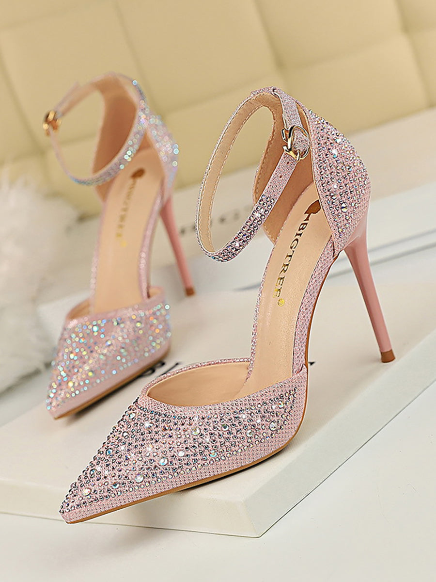 Pointed Toe Hollow Strap Shiny Rhinestone Heels MHE1108 - MISS ORD