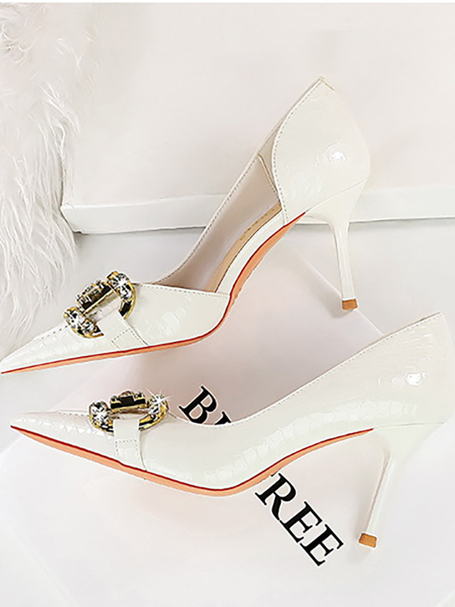 Pointed Side Hollow Metal Rhinestone Stiletto Heels MHE1105