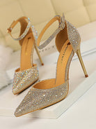 Pointed Toe Hollow Strap Shiny Rhinestone Heels MHE1108