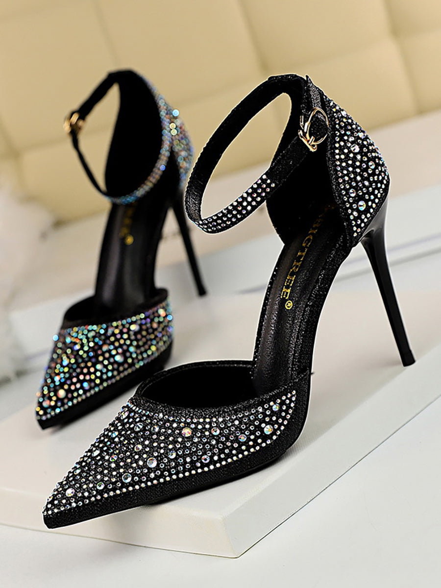 Pointed Toe Hollow Strap Shiny Rhinestone Heels MHE1108