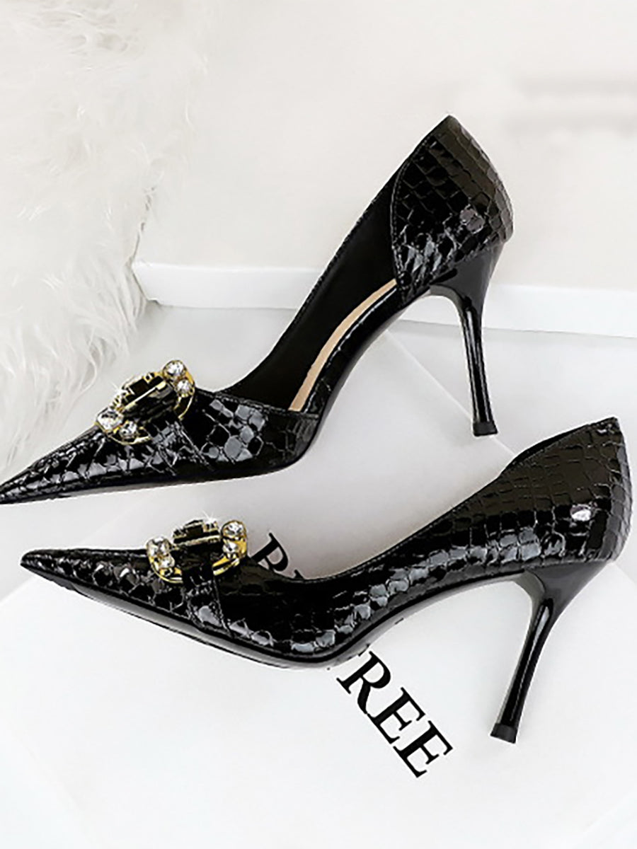 Pointed Side Hollow Metal Rhinestone Stiletto Heels MHE1105