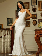 Spaghetti V Neck Mermaid White Evening Dress