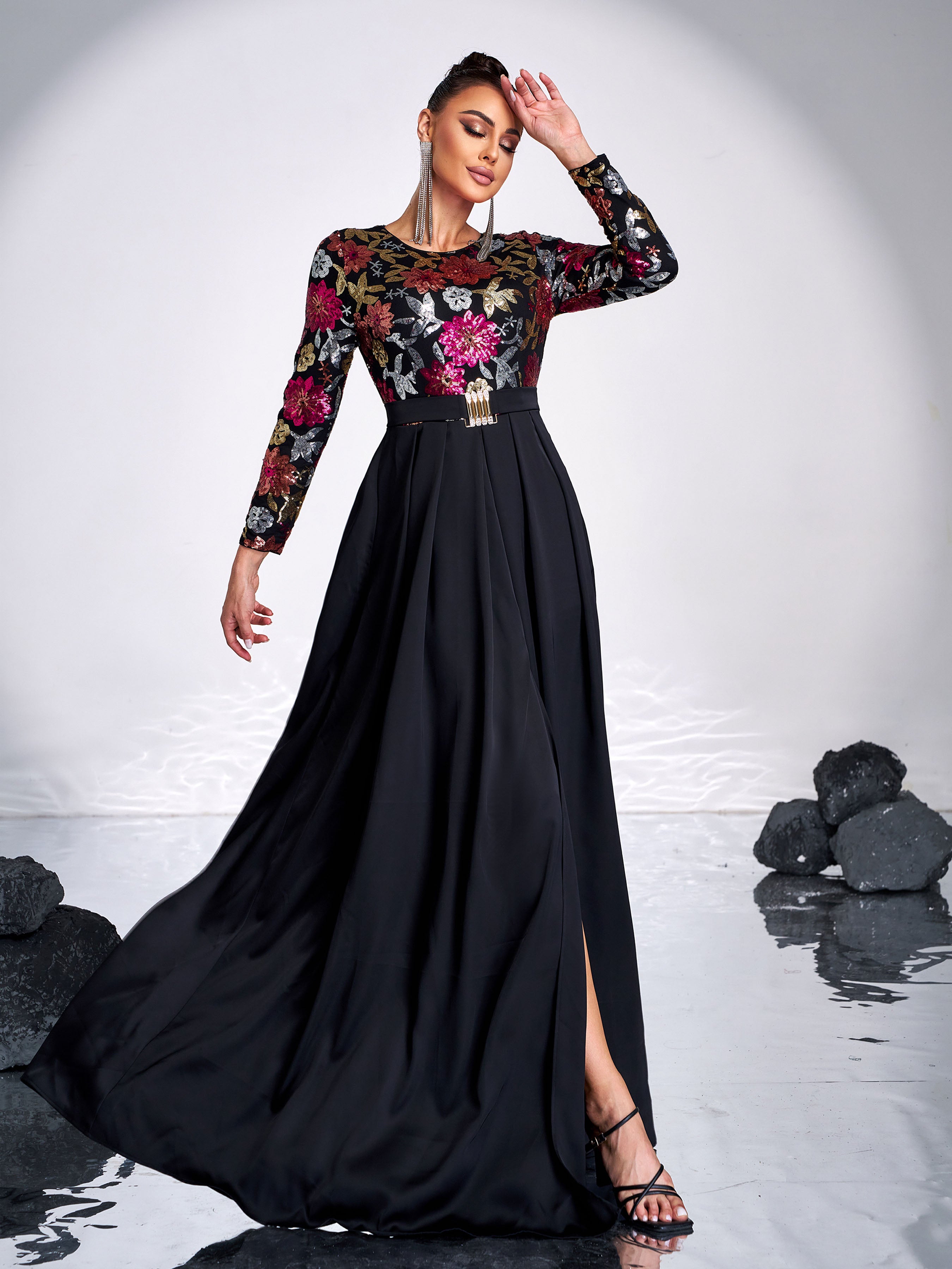 Long sleeve floral prom dress hotsell