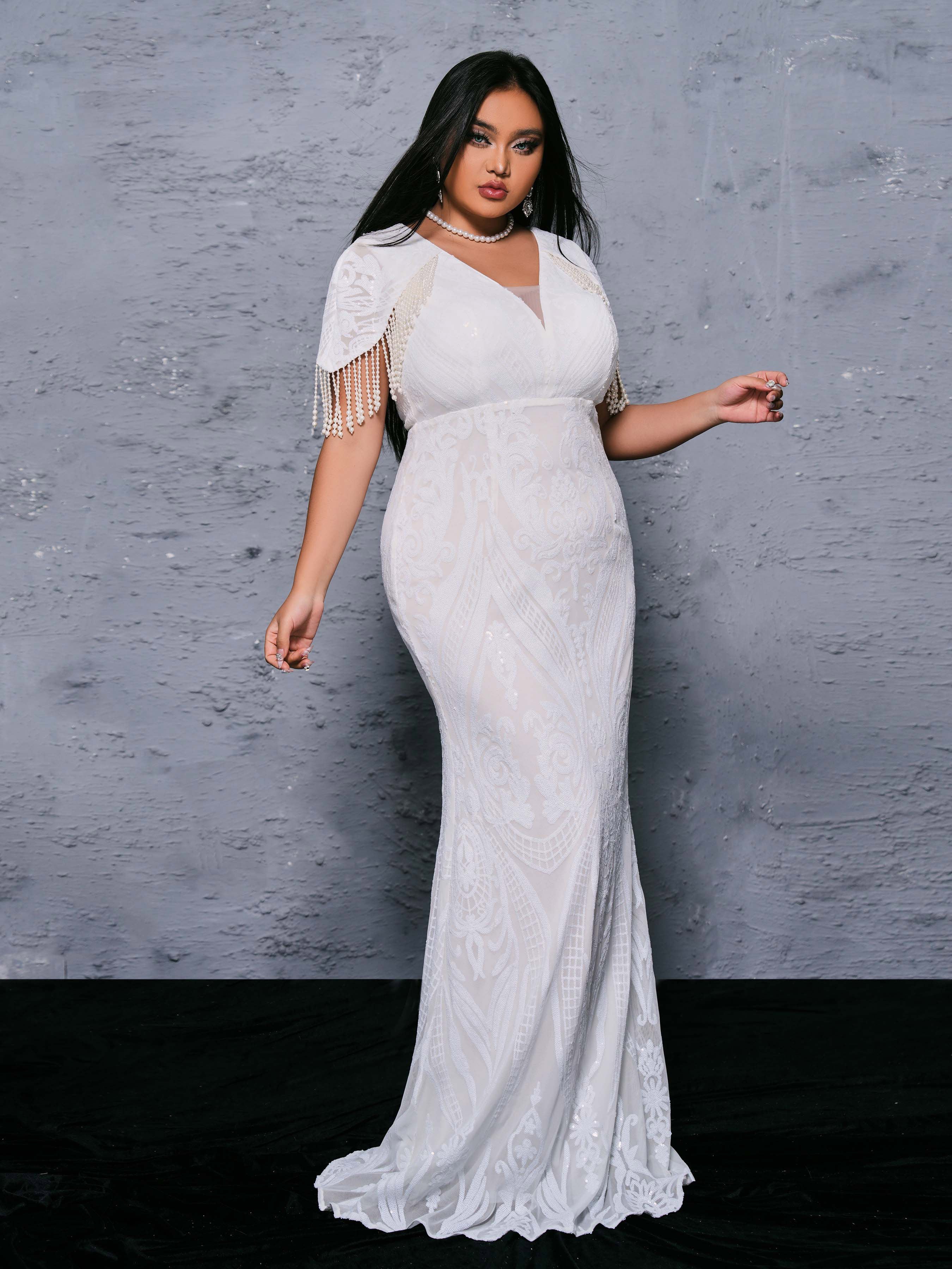 MISSORD Plus V-Neck Pearl White Mermaid Dress