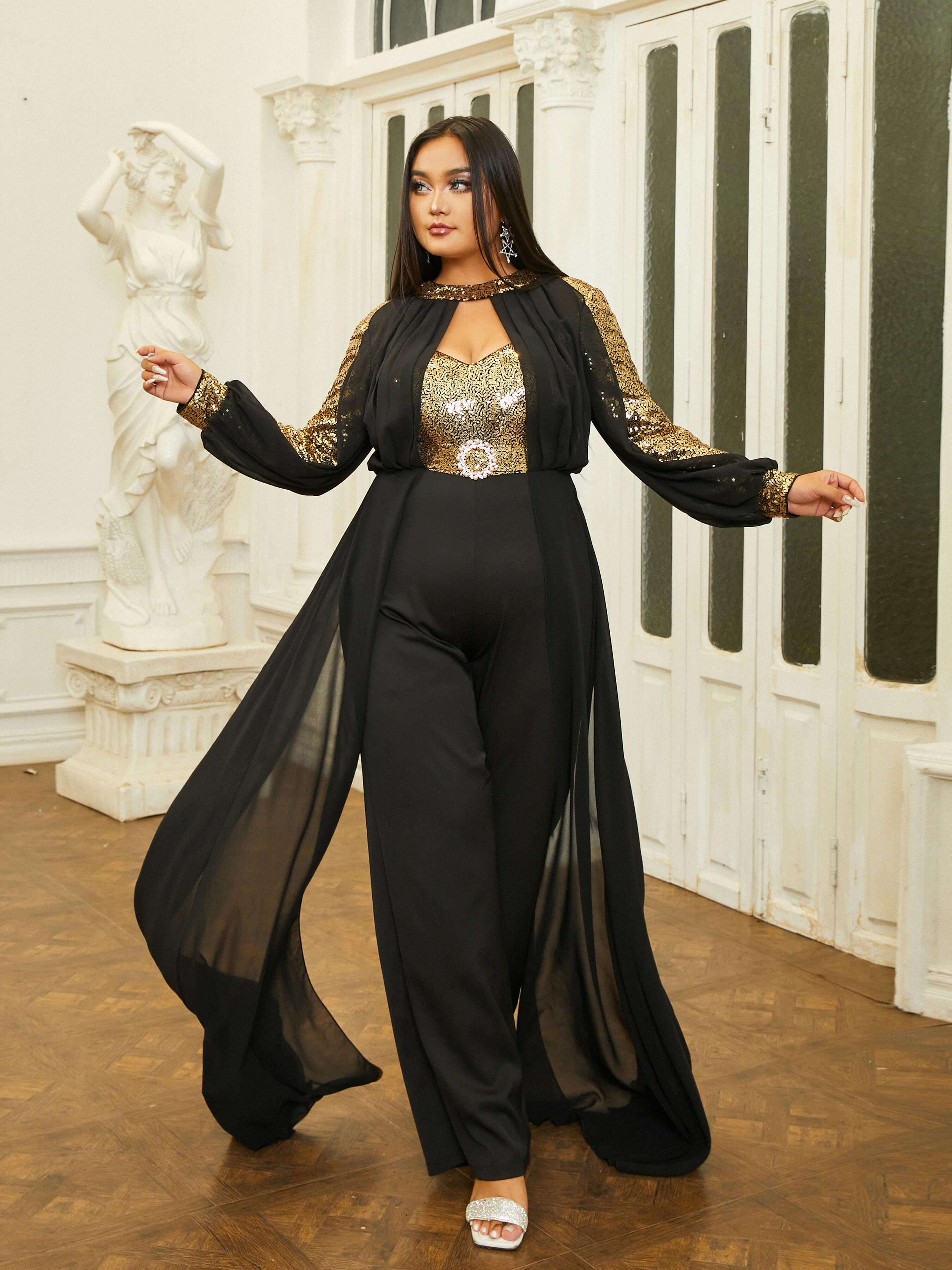 MISSORD Plus Size Panel Ribbon Lantern Sleeve Jumpsuits