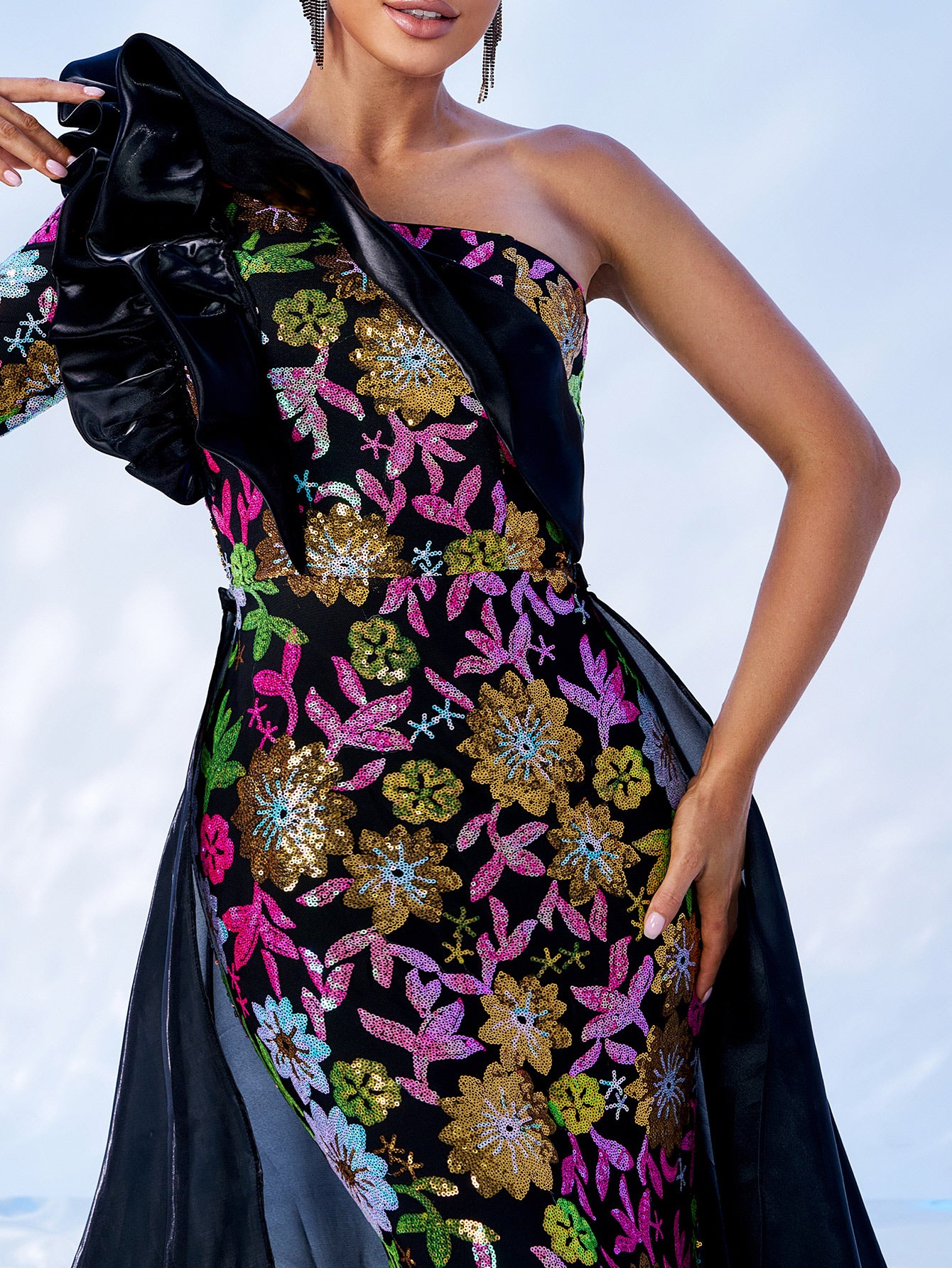 One Shoulder Ruffled Floral Sequin Evening Dress DH80183