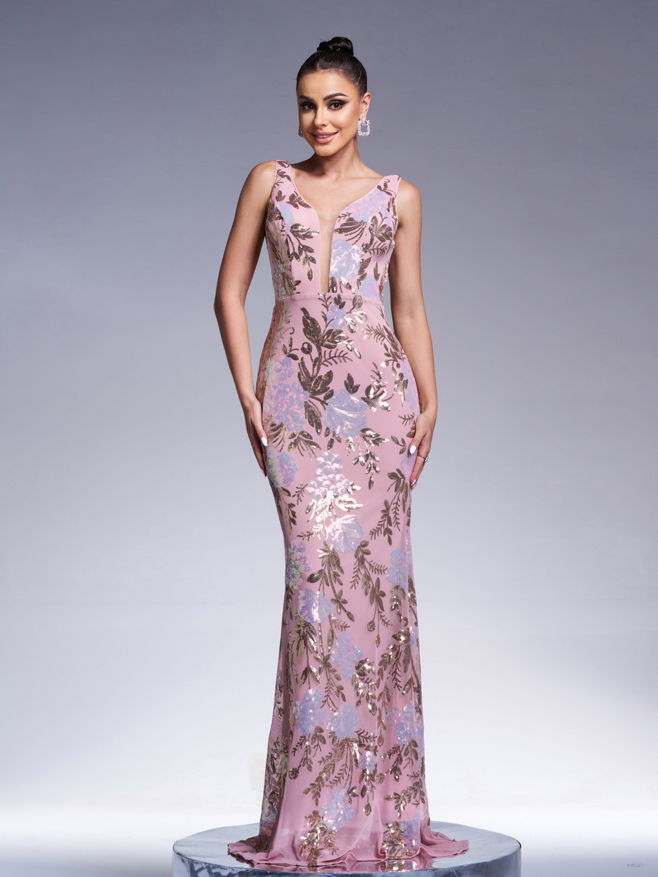 Floral Sleeveless Sequin Evening Dress XJ1986