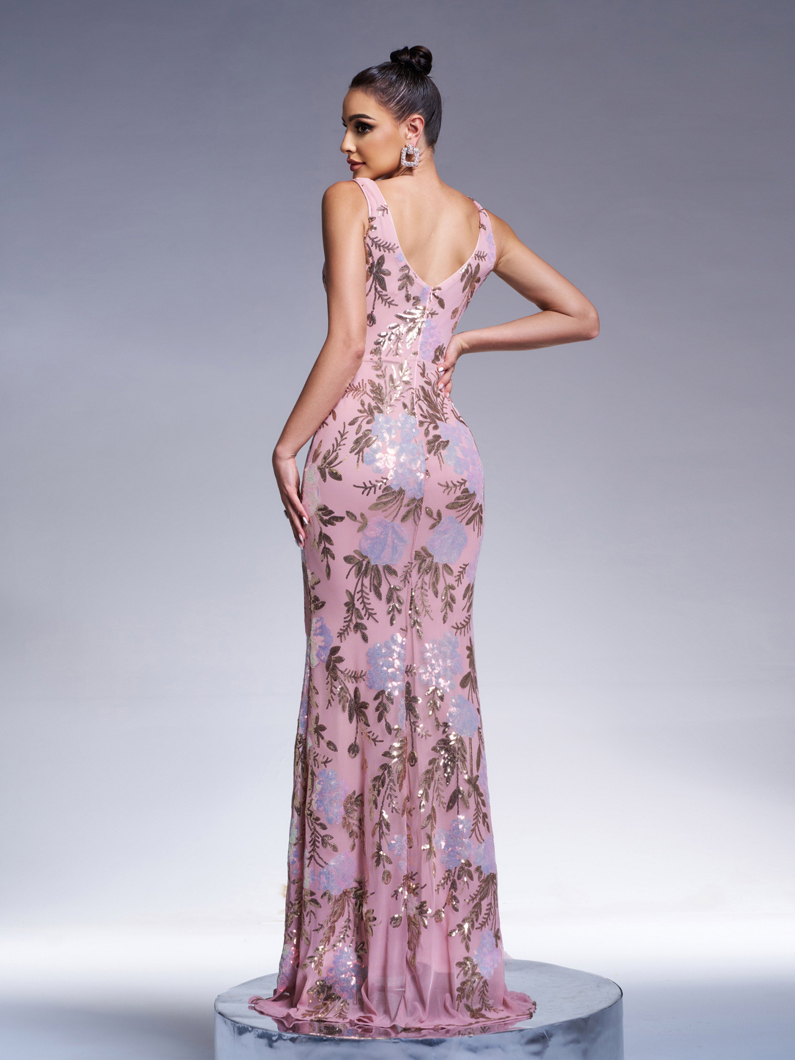 Floral Sleeveless Sequin Evening Dress XJ1986