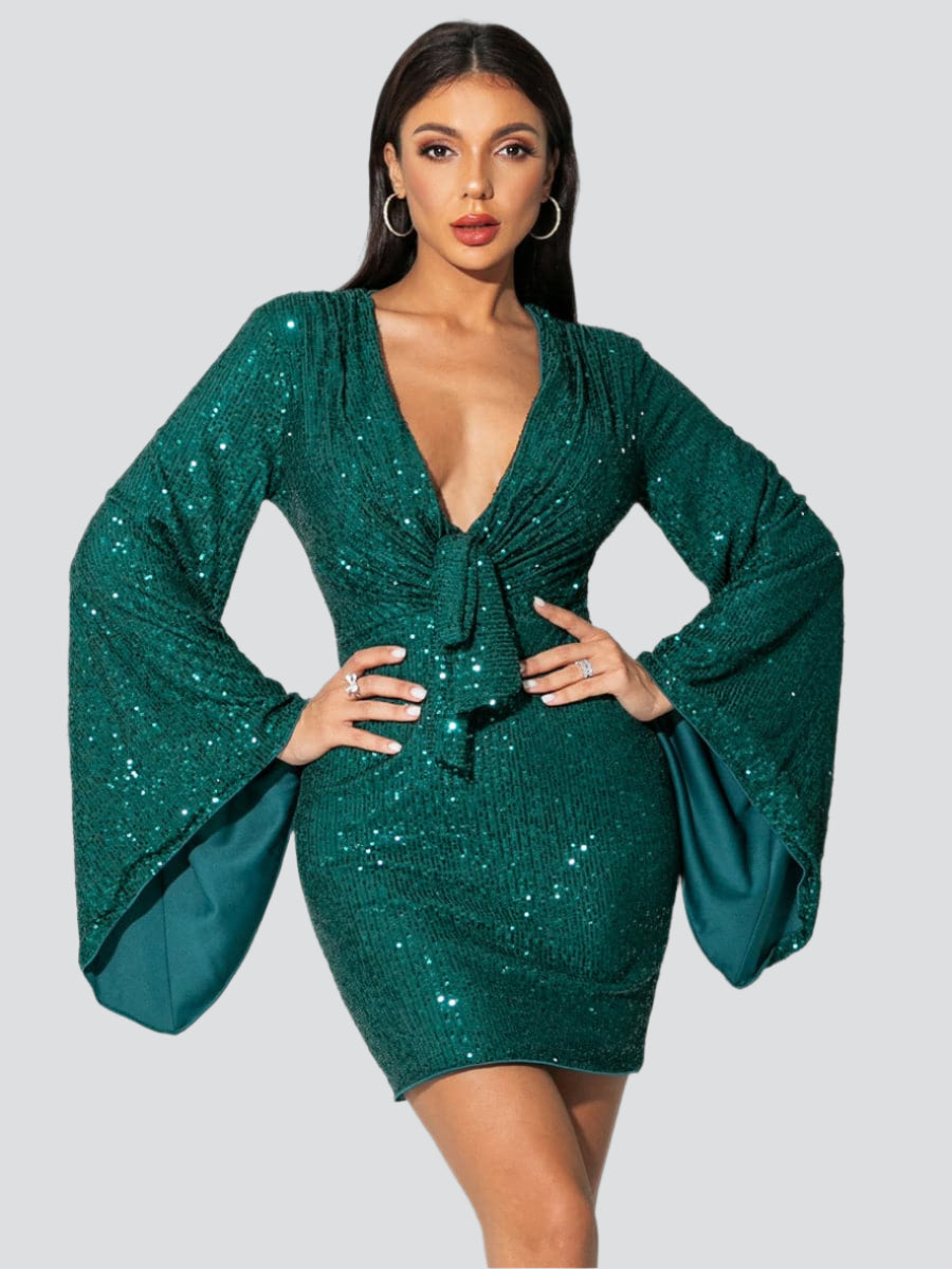 Bell Sleeve Sequins Green Cocktail Dress