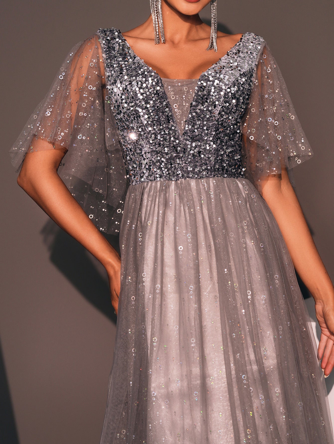 MISSORD Sequin Panel Tulle Backlss A-line Dress