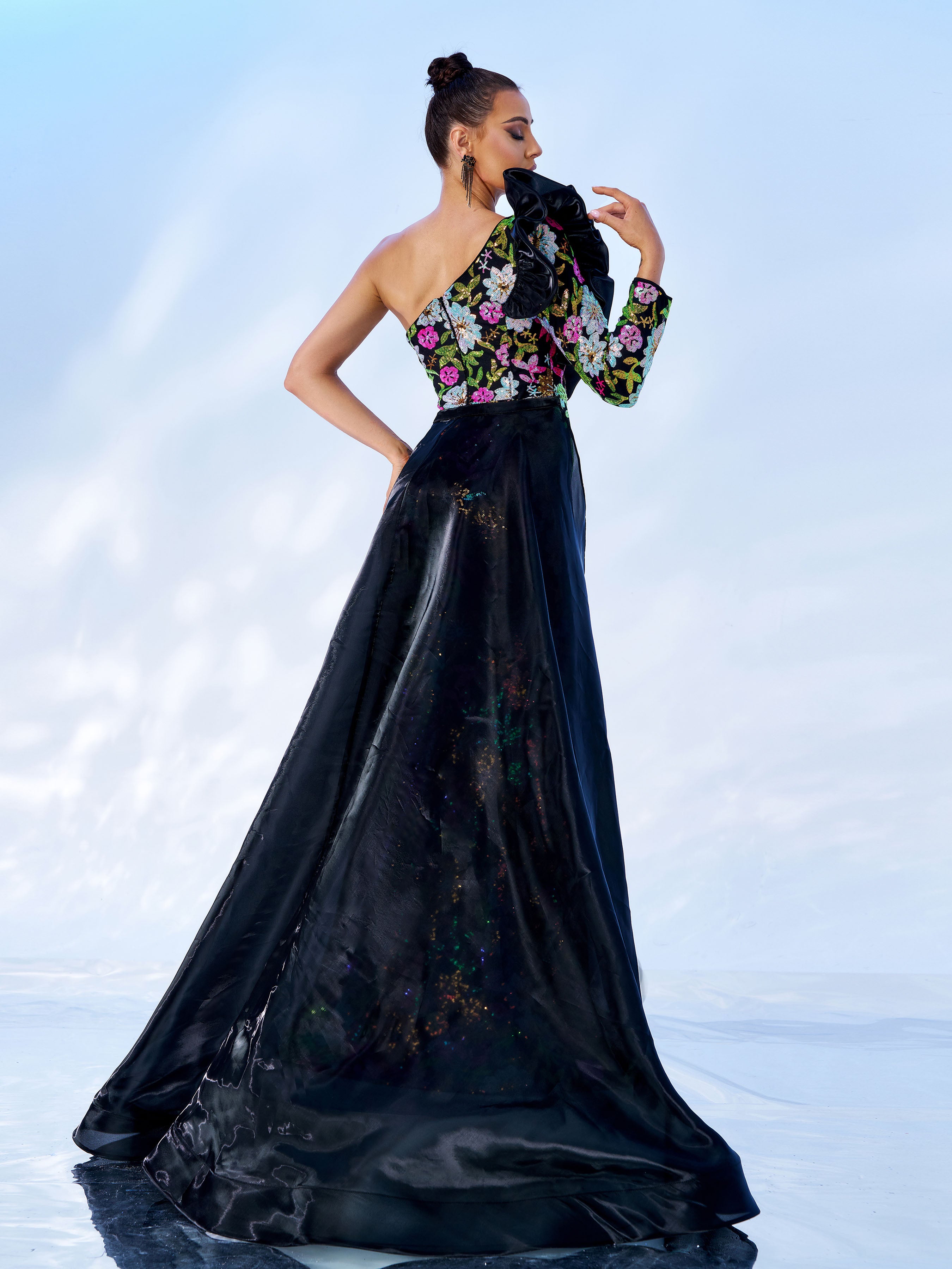 One Shoulder Ruffled Floral Sequin Evening Dress DH80183