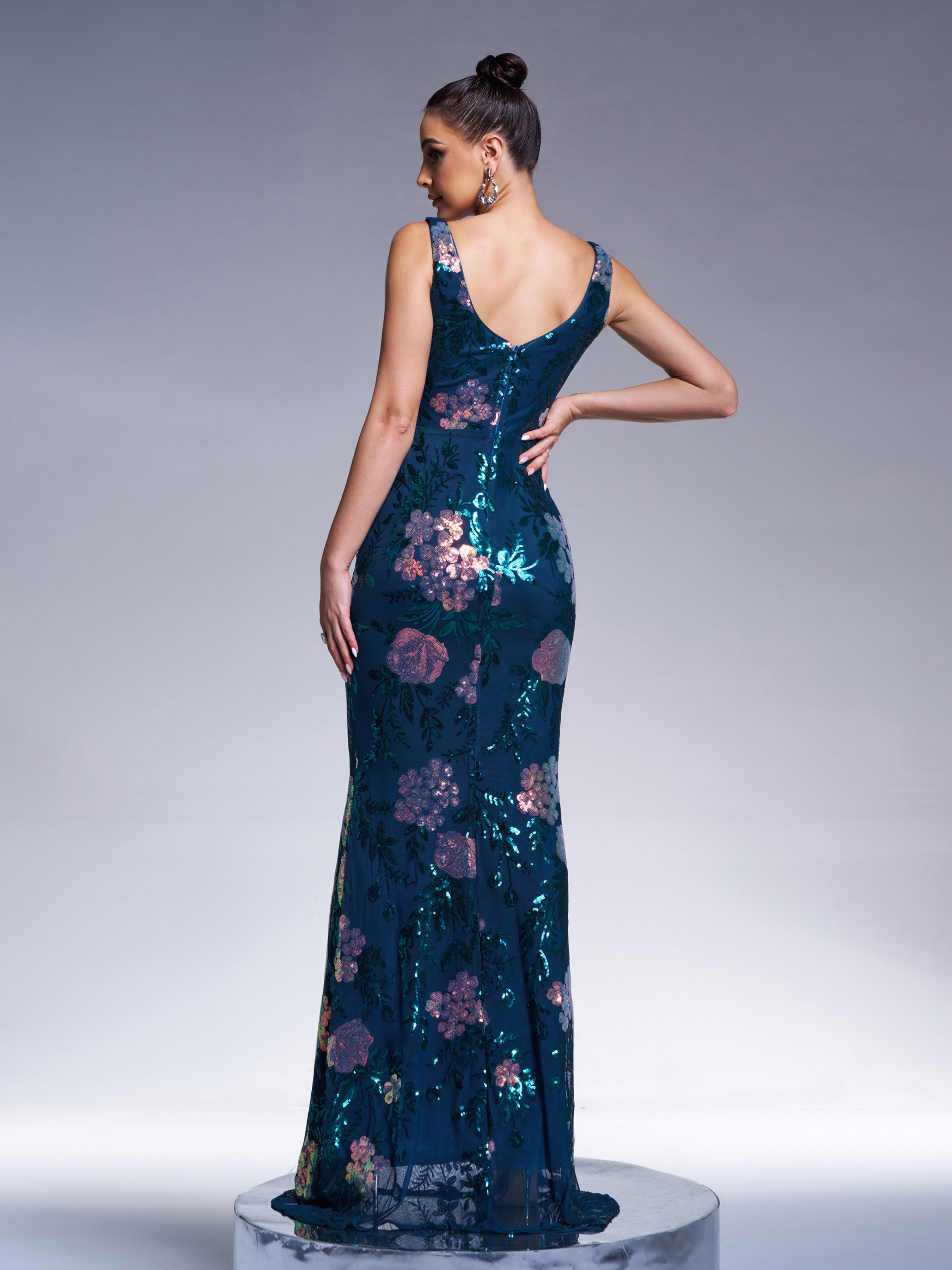 Floral Sleeveless Sequin Evening Dress XJ1986