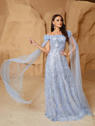 MISSORD Off Shoulder Tulle Panel Sequin Blue Bridesmaid Dress