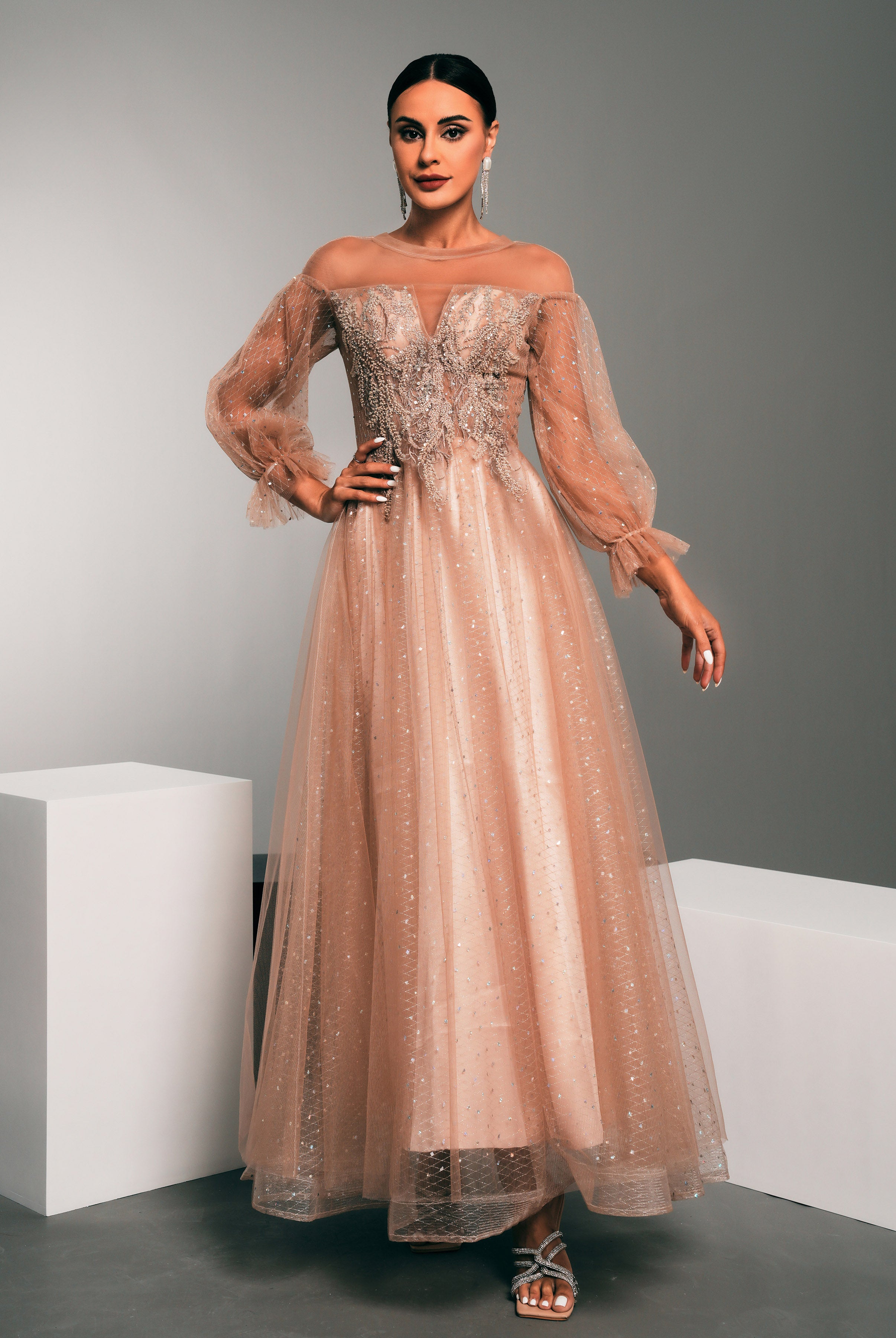 MISSORD Luxury Embodied Sequin Lantern Sleeve Dress