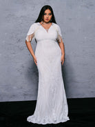 MISSORD Plus V-Neck Pearl White Mermaid Dress