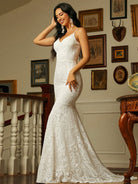 Spaghetti V Neck Mermaid White Evening Dress