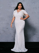 MISSORD Plus V-Neck Pearl White Mermaid Dress